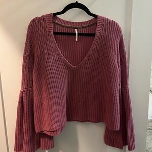 Free People Pink V-Neck Cropped Sweater with Flared Sleeves
